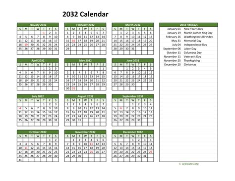 Printable 2032 Calendar with Federal Holidays | WikiDates.org