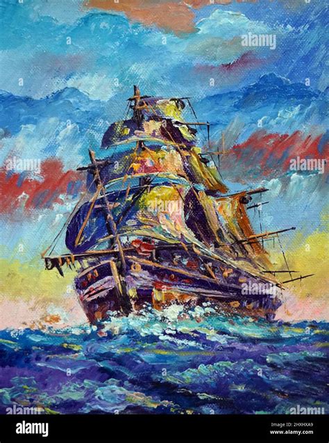 Art painting Acrylic color sailboat , windy seashore , coast , junk boat Stock Photo - Alamy