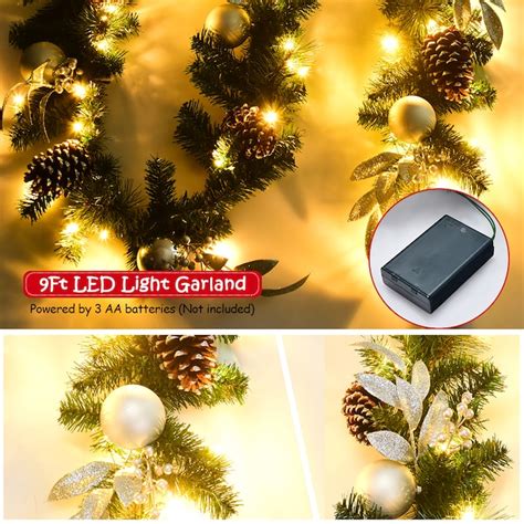 Costway Indoor/Outdoor Pre-lit Battery-operated 9-ft Artificial Garland with White LED Lights in ...