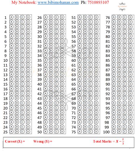 OMR sheet pdf download for Competitive Exam 100Q My Notebook Work ...