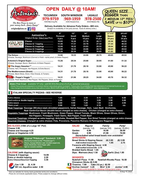 Menu for Antonino's Original Pizza—South Windsor in Windsor, ON | Sirved