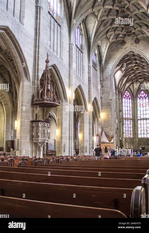 Central nave of the Berne Cathedral. Interior of the Berne Cathedral. Gothic cathedral in Bern ...