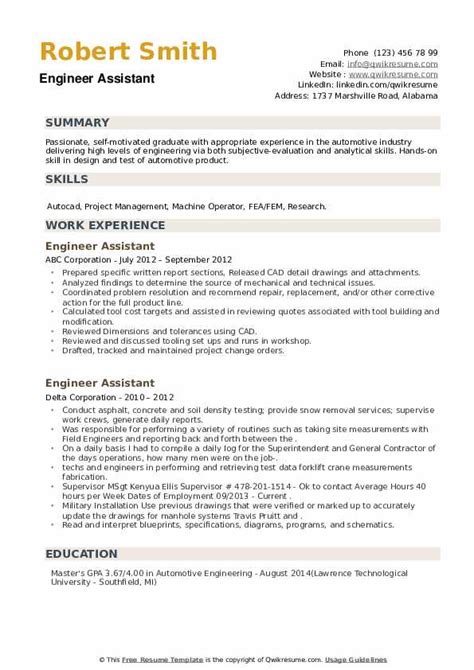 Engineer Assistant Resume Samples | QwikResume