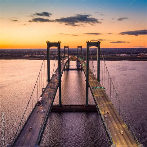 Aerial view of Delaware Memorial Bridge at dusk. The Delaware Memorial ...