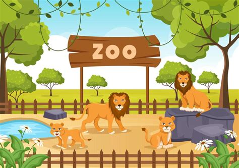 Zoo Cartoon Illustration with Safari Animals Lion, Tiger, Cage and ...