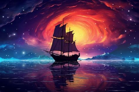 Premium Photo | Art illustration sailing boat under galaxy night sky ...