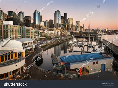 Seattle Waterfront At Sunset. The Seattle, Washington Waterfront And ...