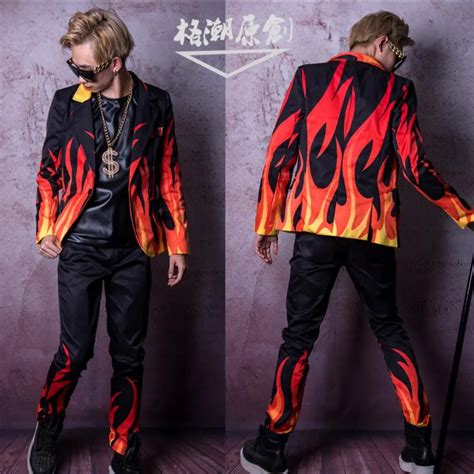 M 4XL Men singer stage flame special effects suit men long sleeve suit hairdresser bar Nightclub ...