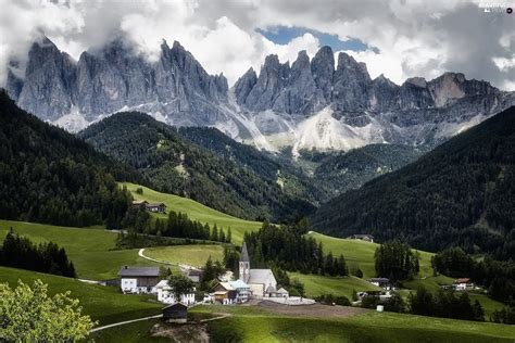 Italy, Val di Funes Valley, Mountains, Dolomites, Church, Village of ...