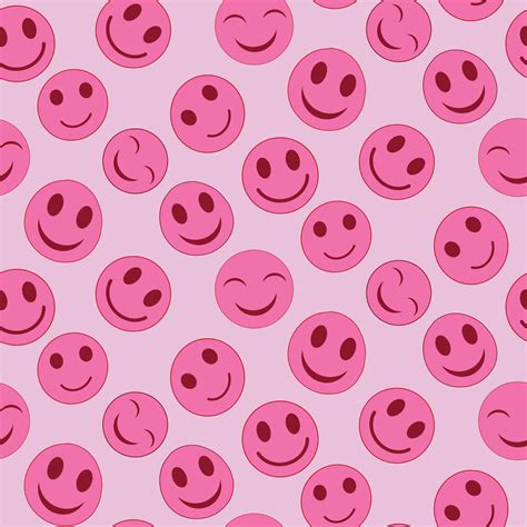 Cute Kawaii hot pink happy faces seamless pattern on dusty pink background. For kids textile ...