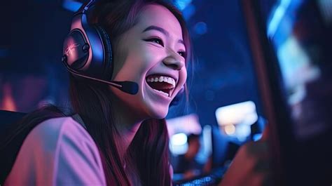 Premium AI Image | Happy girl an esports gamer player behind the monitor is happy to win an ...