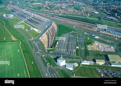 Aerial view of the Eurotunnel Shuttle Terminal Folkestone Kent England ...