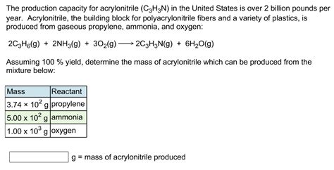 Solved The production capacity for acrylonitrile (C_3H_3N) | Chegg.com