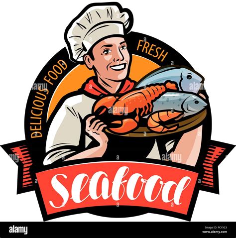 Seafood logo or label. Happy cook holding a tray with food. Cartoon ...