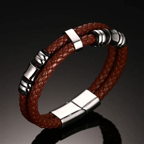 Men's Double Braided Leather Bracelet in Brown Stainless Steel Magnetic Buckle Claps Cuff Bangle ...