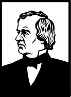A black and white drawing of Andrew Johnson, a man in a suit