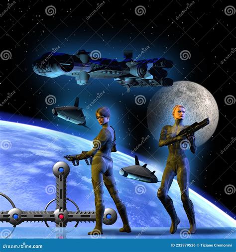 Futuristic Soldiers in Space, Battle Around the Earth, 3d Illustration ...