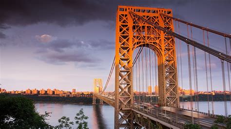 Sunset on the george washington bridge, sunset, river, clouds, bridge ...