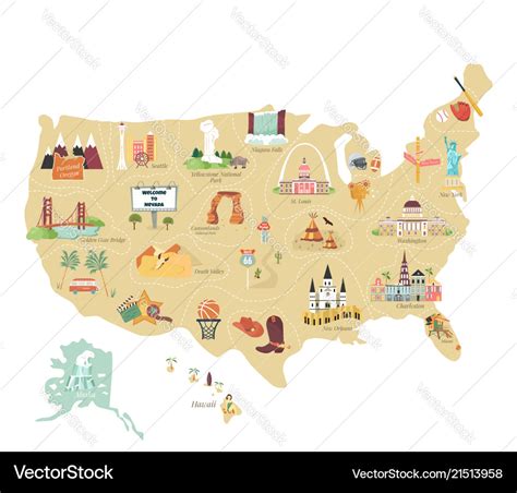 Usa tourist map with famous landmarks Royalty Free Vector