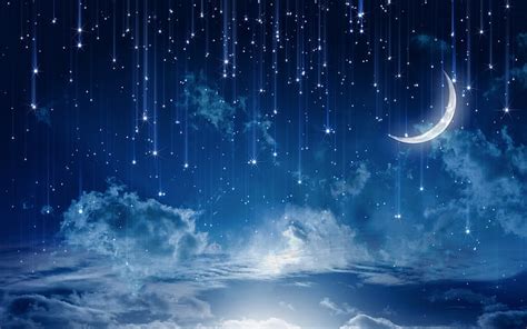 HD wallpaper: white crescent moon illustration, clouds, falling-stars ...