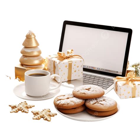 Christmas Home Office Desk With Computer, Cookies, Cup Of Coffee And Christmas Gold Decorations ...