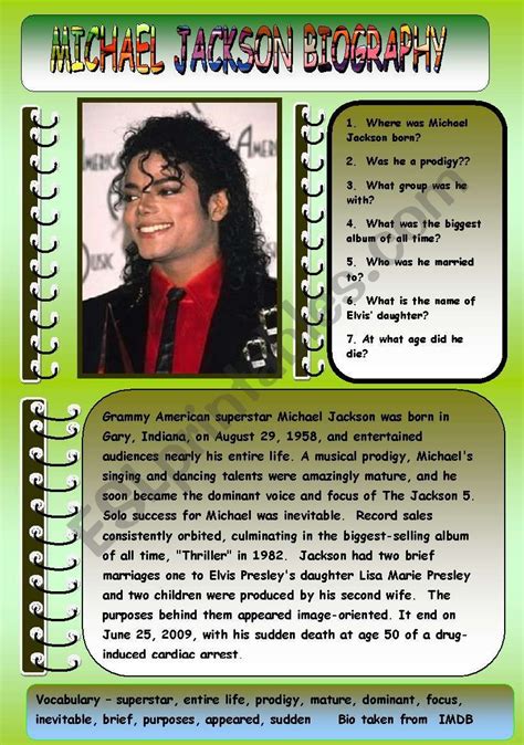 MICHAEL JACKSON BIOGRAPHY - ESL worksheet by GIOVANNI