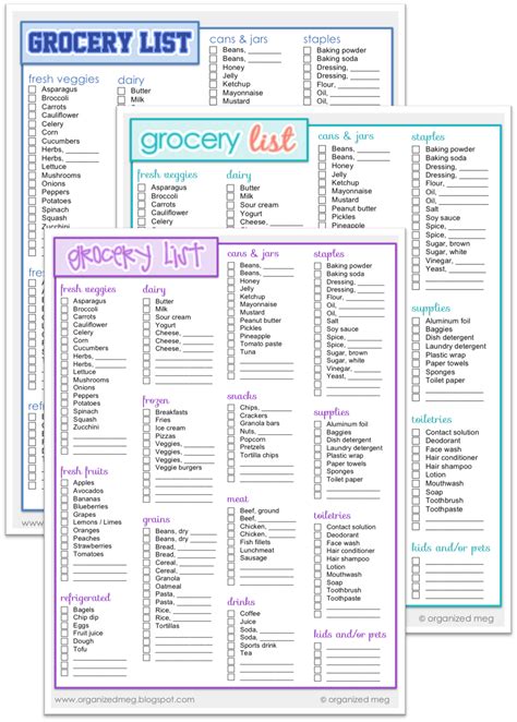 Grocery List Categories Printable