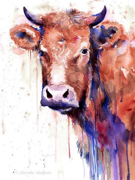 Brown cow watercolor painting print by Slaveika Aladjova art | Etsy