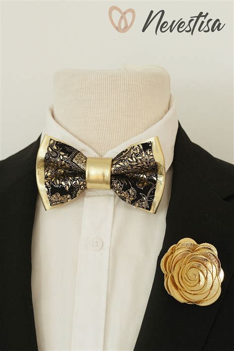 Black and Gold Mens Leather Bow Tie for Men Floral Paisley - Etsy