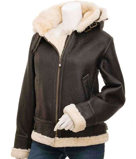 Women's Brown Leather Shearling Jacket with Removable Hood - Jackets Expert