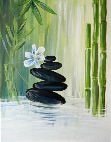 a painting of flowers and rocks in the water