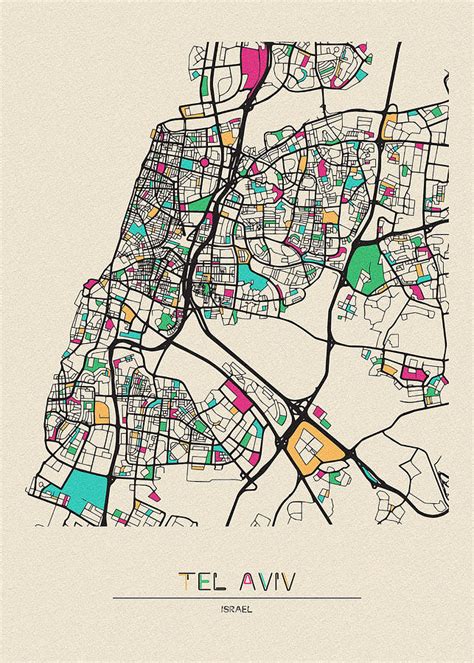 Tel Aviv, Israel City Map Drawing by Inspirowl Design