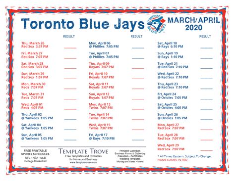 Printable 2020 Toronto Blue Jays Schedule