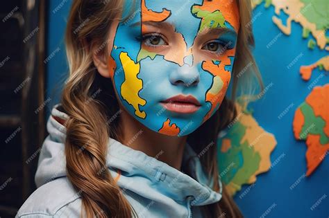 Premium Photo | Girl with world map painted on her face