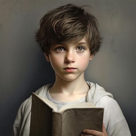 Premium AI Image | boy portrait with book studio light gray texture background