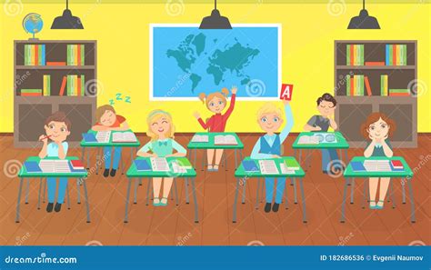 School Children Learning at Classroom, Little Students Sitting at Desks ...