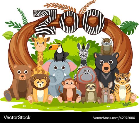 Zoo animals group in flat cartoon style Royalty Free Vector