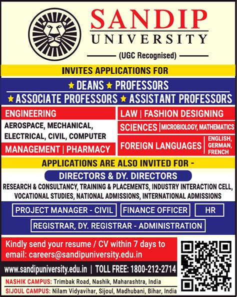 Sandip University, Nashik and Sijoul Campus,Maharashtra Wanted Deans/Professor/Associate ...