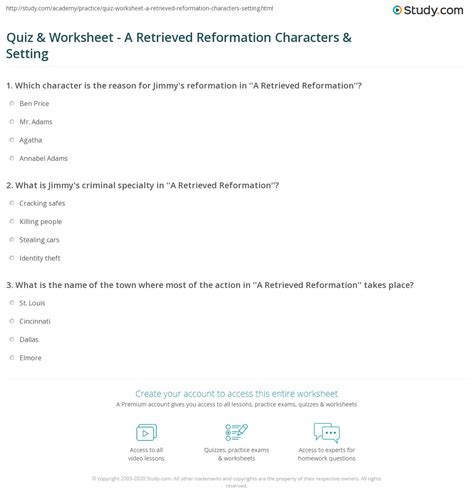 Quiz & Worksheet - A Retrieved Reformation Characters & Setting | Study.com