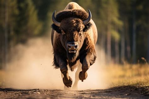 Premium AI Image | a bison running down a dirt road in the woods