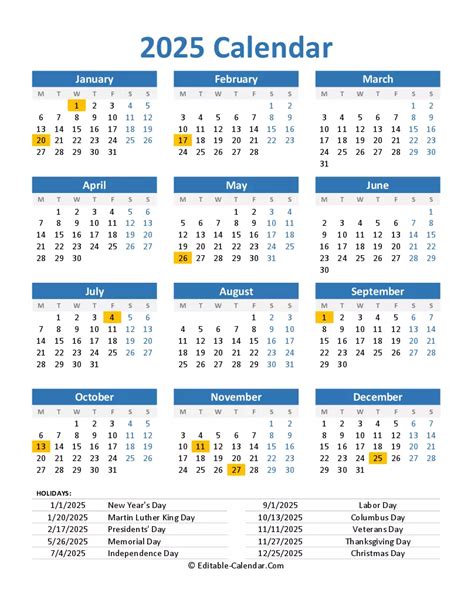 Download Free 2025 Printable Calendar With Us Holidays Portrait, weeks ...