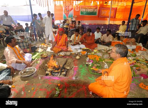 havan yagya fire ceremony by political party BJP candidate at Uluberia Howrah west bengal india ...