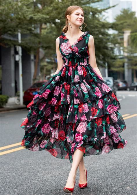 HIGH QUALITY New Fashion 2019 Designer Runway Dress Women's Sleeveless Rose Print Cascading ...