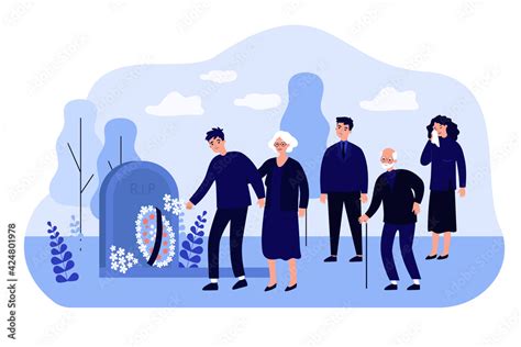 Vecteur Stock Cartoon mourning people at graveyard flat vector ...