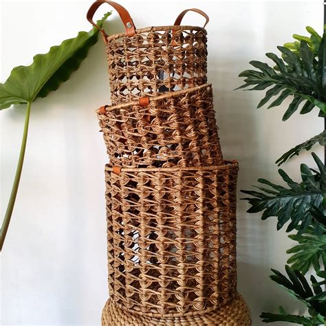 Woven Water Hyacinth Basket Set With Leather Handles – Canggu & Co