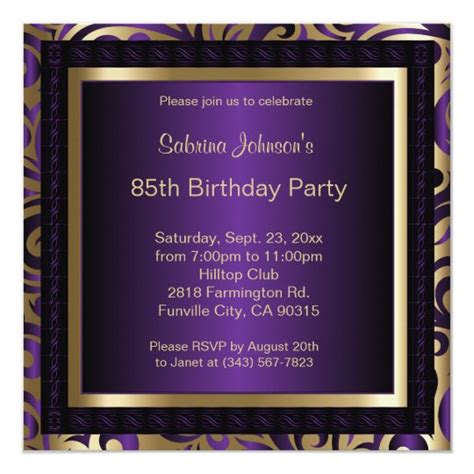 85th Birthday Party in Purple & Gold Patterns Invitation | Zazzle.com