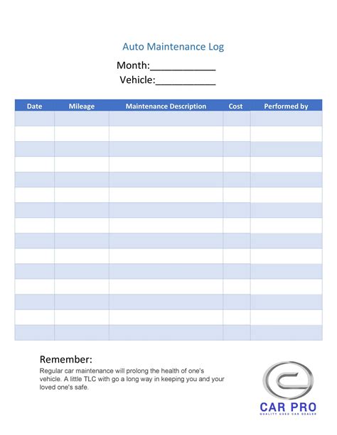 Downloadable Free Printable Vehicle Maintenance Log Sheet | Pennington