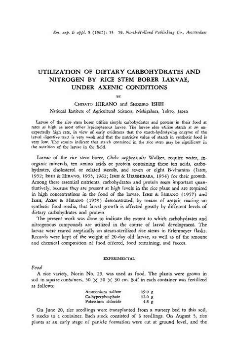 (PDF) UTILIZATION OF DIETARY CARBOHYDRATES AND NITROGEN BY RICE STEM BORER LARVAE, UNDER AXENIC ...