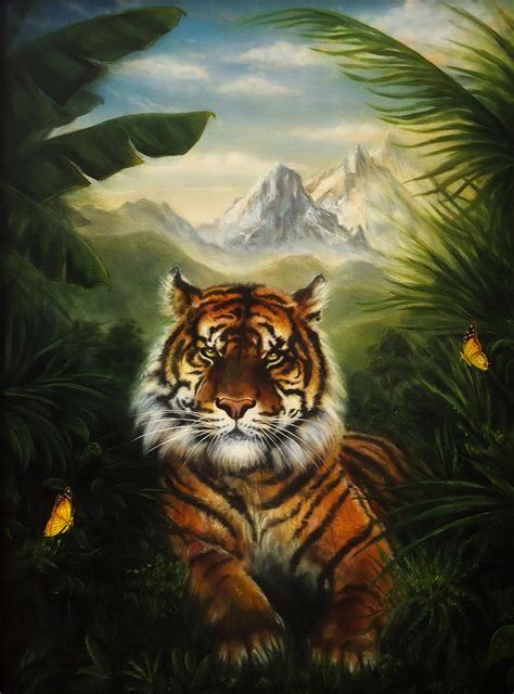 Tiger Resting In The Jungle Landscape Beautiful Detailed Oil Painting ...