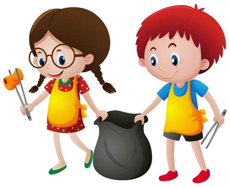 Boy and girl picking up trash 381746 Vector Art at Vecteezy